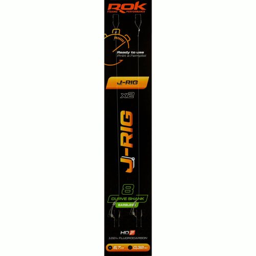 ROK J-RIG Curve Shank Barbless - 2db/csomag - előkötött szakáll nélküli horog - 8 - 0,32mm