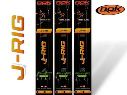 ROK J-RIG Curve Shank Barbless - 2db/csomag - előkötött szakáll nélküli horog - 6 - 0,35mm