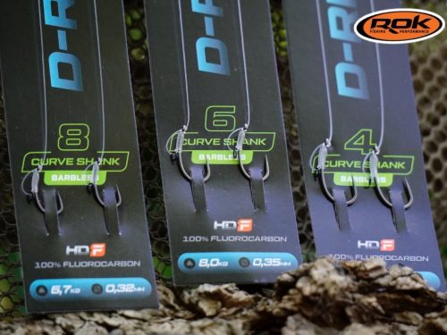 ROK D-RIG Curve Shank Barbless - 2db/csomag - előkötött szakáll nélküli horog - 4 - 0,40mm
