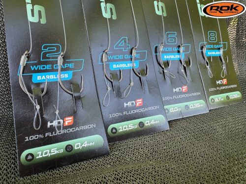 ROK STIFF RIG Wide Gape Barbless - 2db/csomag - előkötött szakáll nélküli horog - 8 - 0,32mm