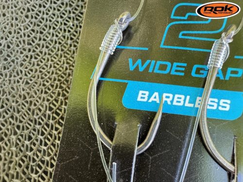 ROK STIFF RIG Wide Gape Barbless - 2db/csomag - előkötött szakáll nélküli horog - 8 - 0,32mm