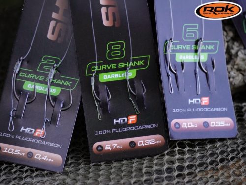 ROK SH-RIG Curve Shank Barbless - 2db/csomag - előkötött szakáll nélküli horog - 4 - 0,40mm