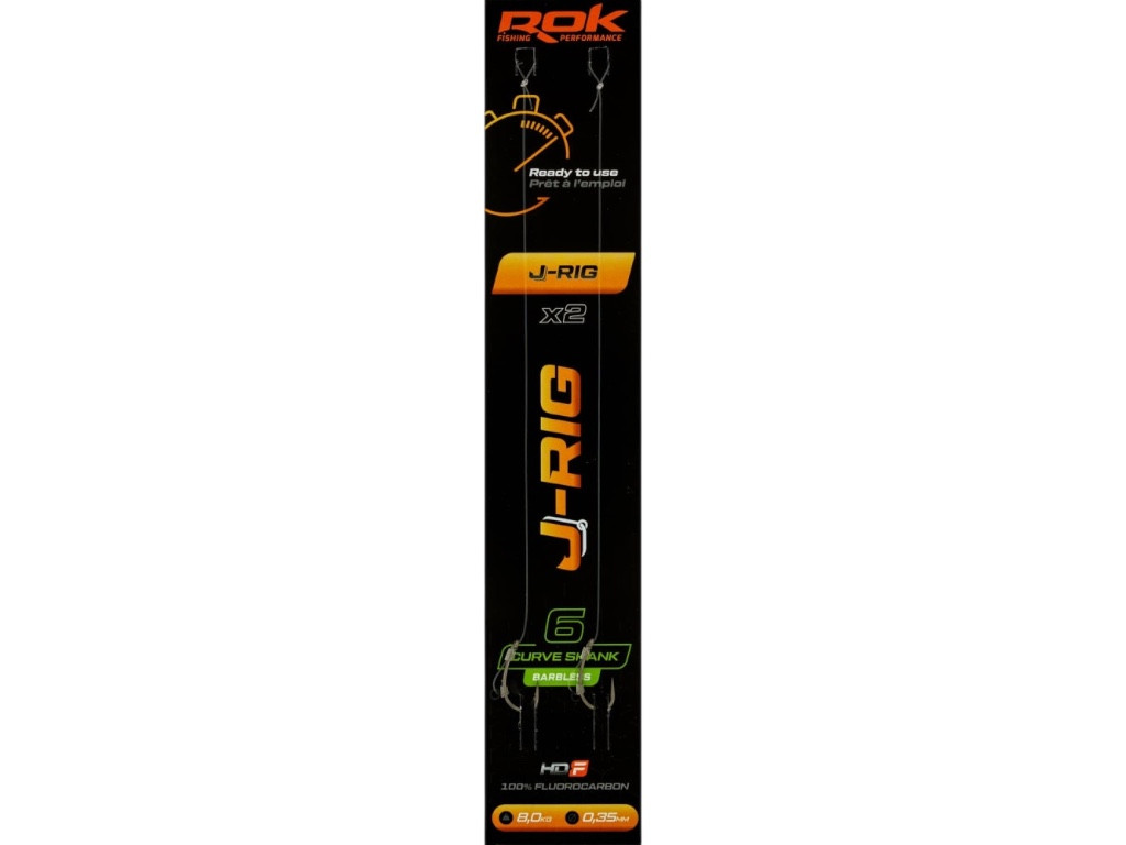 ROK J-RIG Curve Shank Barbless - 2db/csomag - előkötött szakáll nélküli horog - 6 - 0,35mm