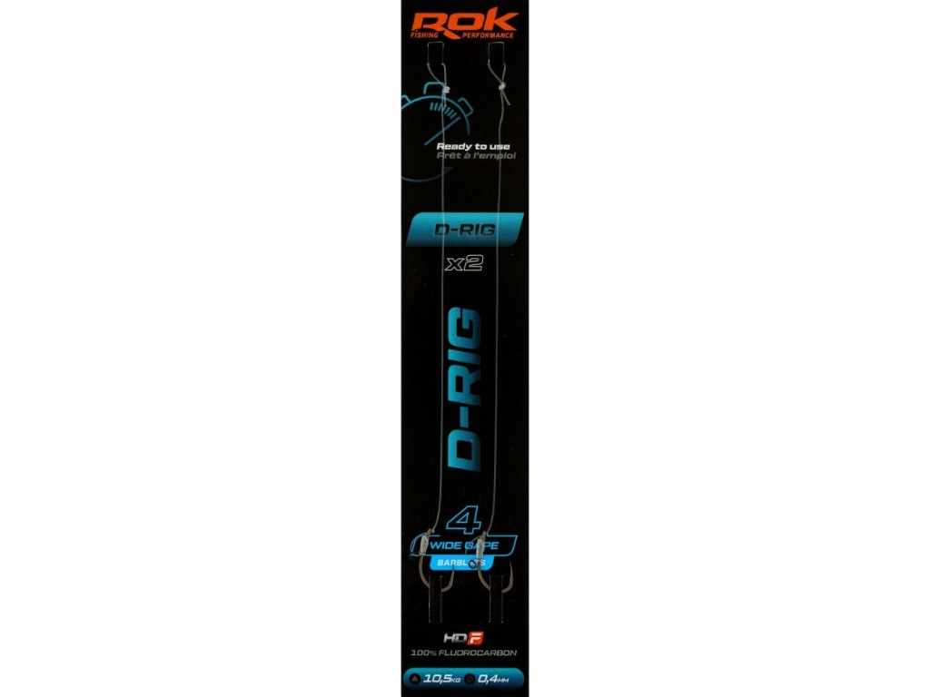 ROK D-RIG Wide Gape Barbless - 2db/csomag - előkötött szakáll nélküli horog - 4 - 0,40mm